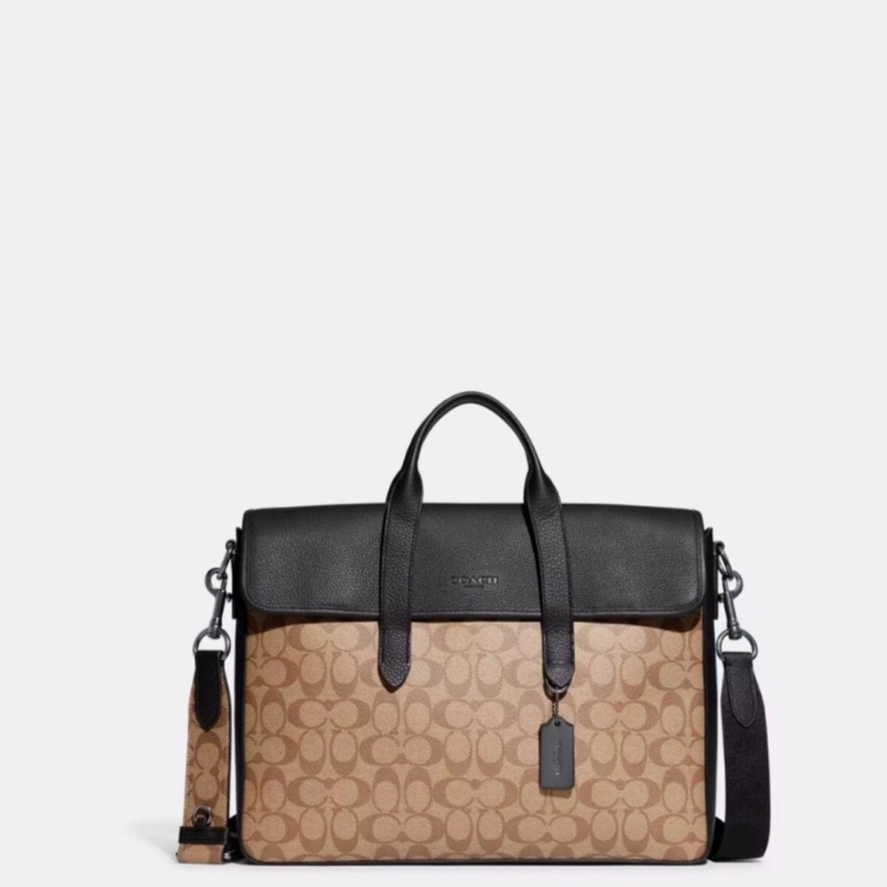 Coach Sullivan Portfolio Computer Brief Signature Canvas Khaki Black Authentic